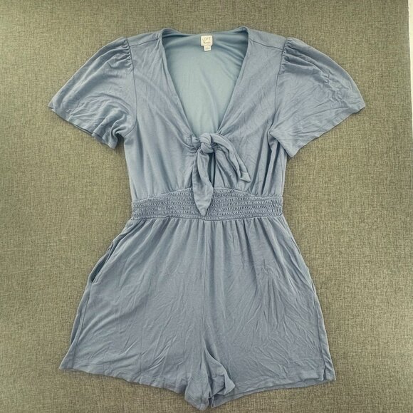 LOFT Beach Romper Small Scoop Tie Neck Short Sleeve Pockets Relaxed Fit Rayon & - Picture 2 of 12